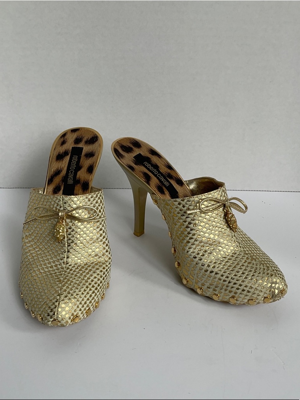 Roberto Cavalli Metallic Gold Snakeskin-Textured Mule Heels